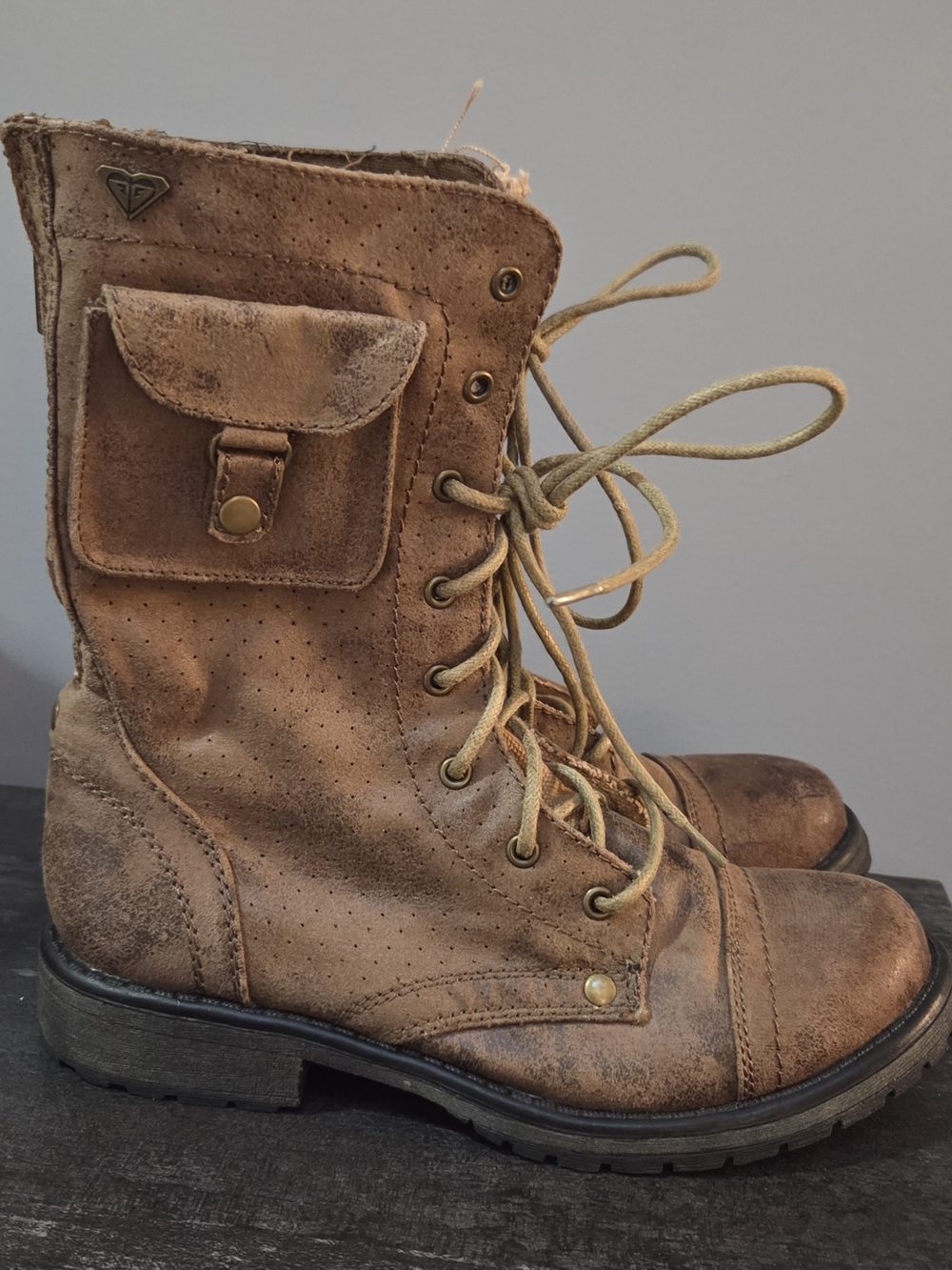Roxy Distressed Brown Lace-Up Combat Boots - Picture 2 of 4